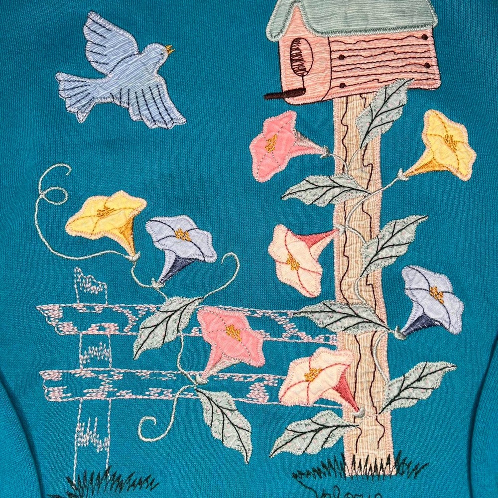 Valorie’s Folk Art Appliqué Birdhouse Vintage Sweater XL - Picture 3 of 8